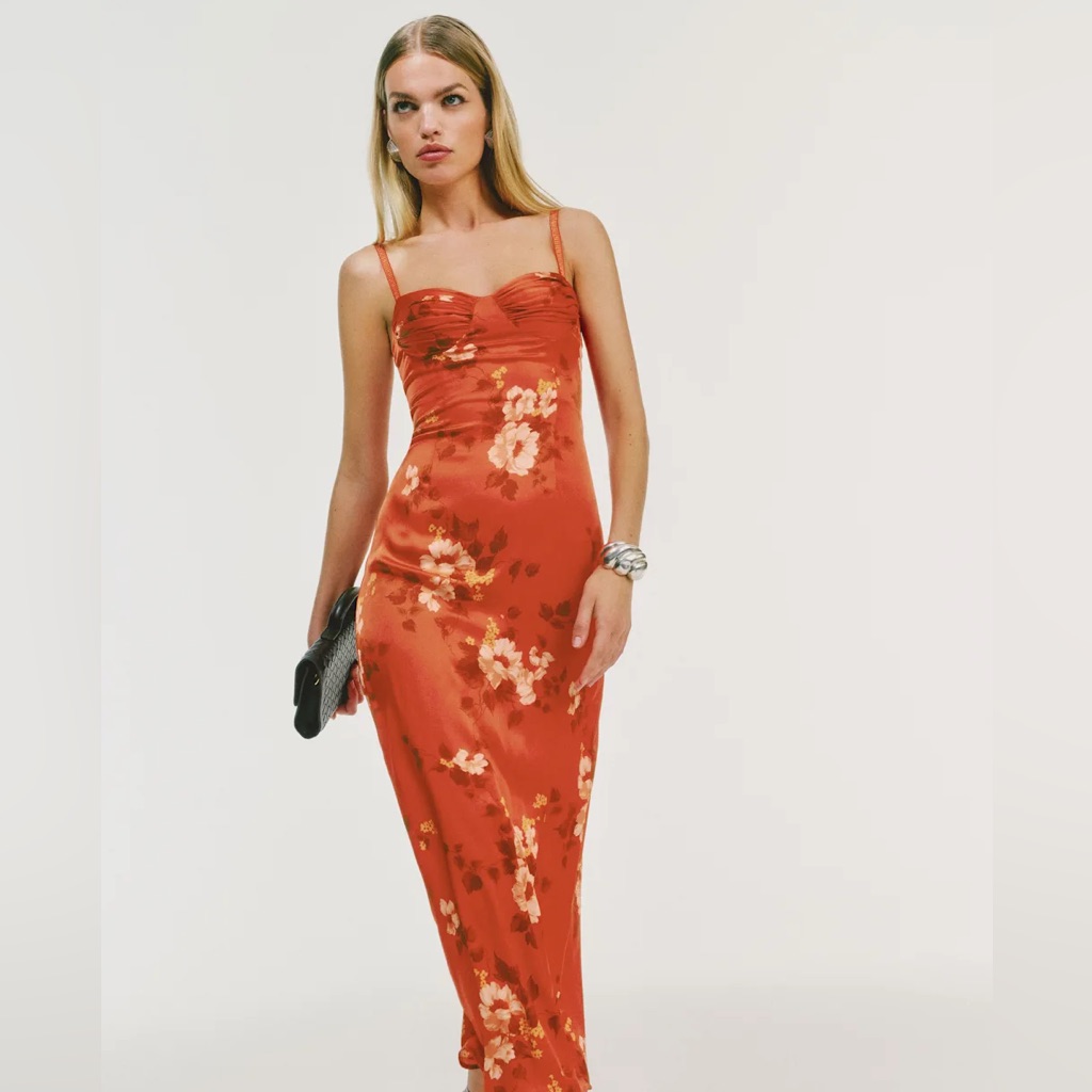 Reformation Stormi Satin Midi Dress In Coral Floral (2)
